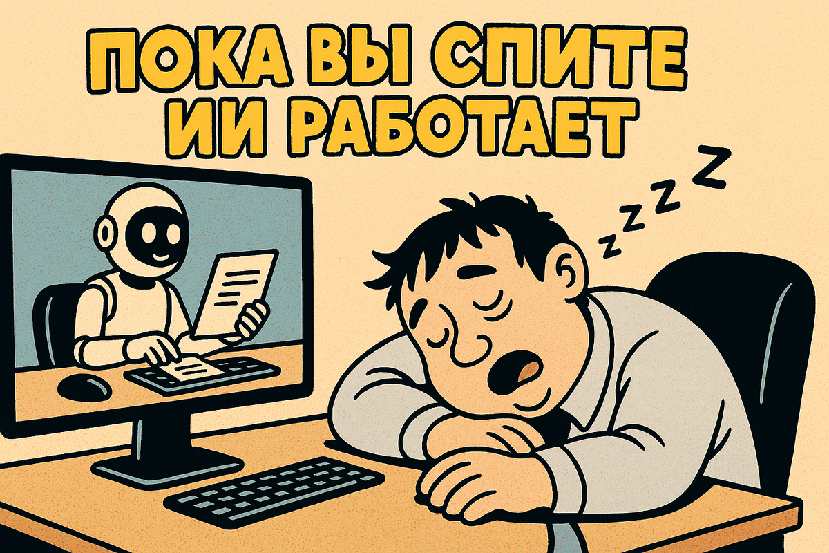На фото спящий клерк а на экране монитора ИИ работает работу за него.