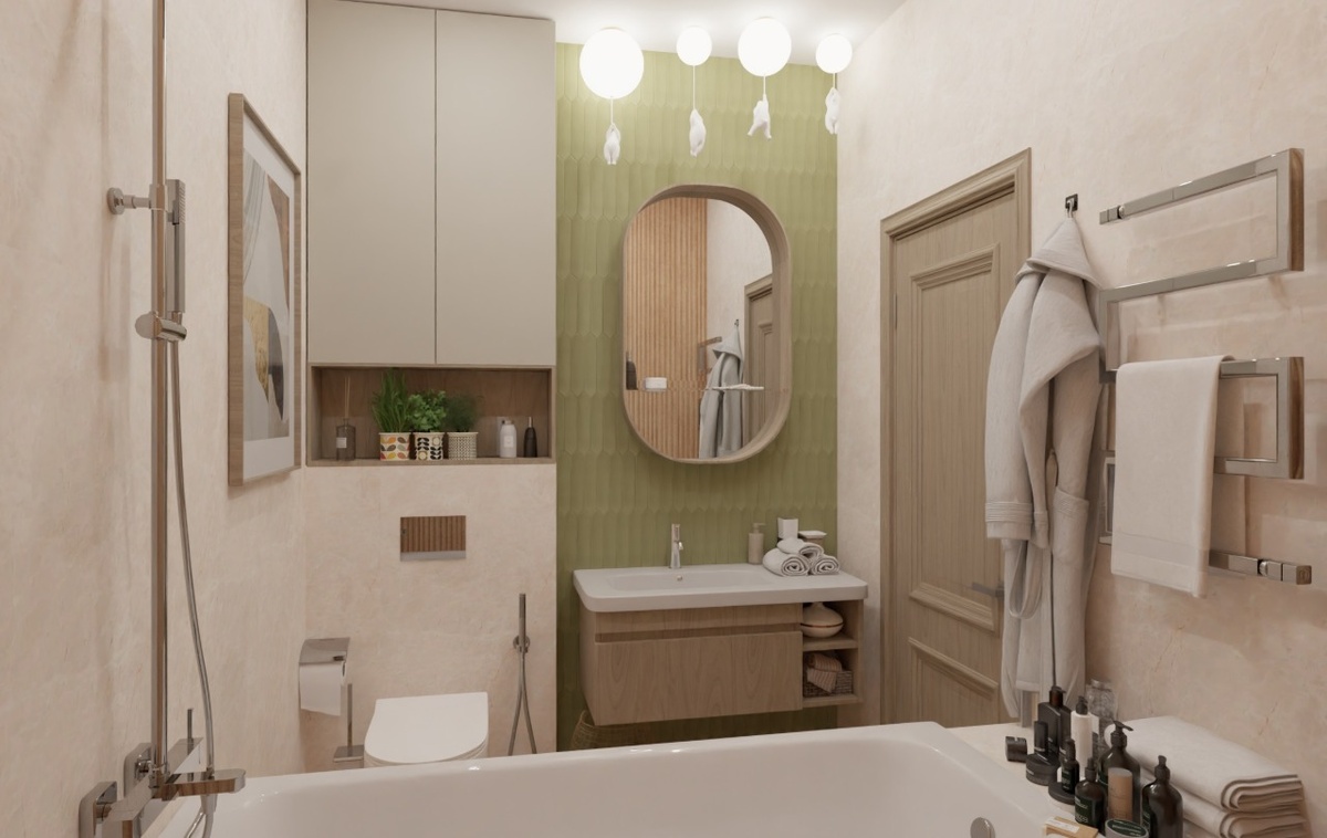 плитка в зоне зеркала Equipe Lanse, на стенах и полу матовая и рельефная плитка из коллекции Novabell Deepstone.