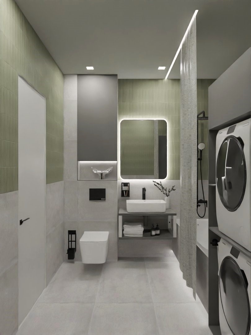 ванная комната с зеленой плиткой