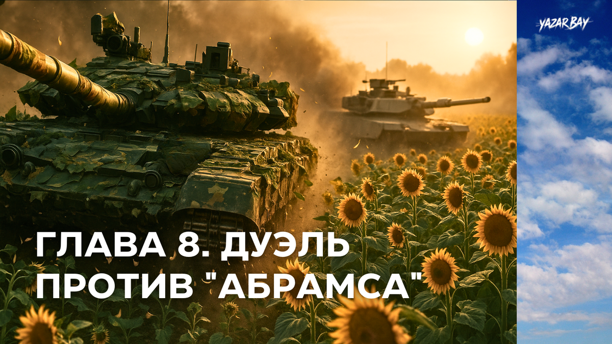 Танковая дуэль посреди мирного поля подсолнухов. ©Язар Бай. ИИ-рисунок, может содержать ошибки в деталях.