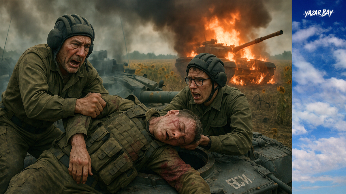 Победа над «Абрамсом» обернулась трагедией — танкисты вытаскивают из горящей машины своего раненого товарища. ©Язар Бай. ИИ-рисунок, может содержать ошибки в деталях.