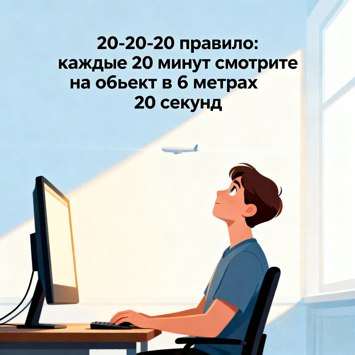 Каждые 20 минут делайте 20-секундный перерыв, глядя на объект в 6 метрах от себя.