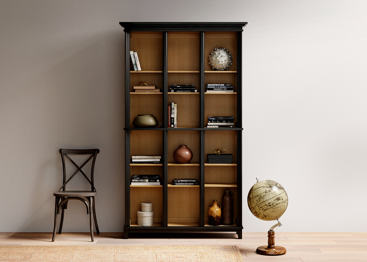 Книжный шкаф Франс заполненный книгами и декором в гостиной Pecker.Moscow