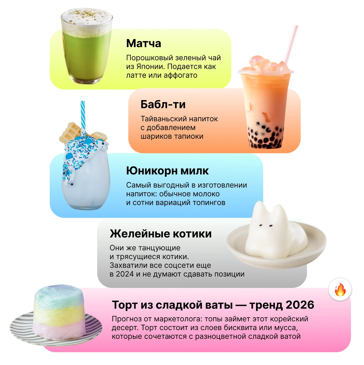 Топ‑тренды 2025 и 2026 годов. Важно помнить, что тренды не появляются обособленно, а проистекают друг из друга. Поэтому, если планируете открывать новое заведение или обновлять концепцию, можно смело объединять азиатские напитки и десерты в одном меню. Именно так делают многие рестораторы

