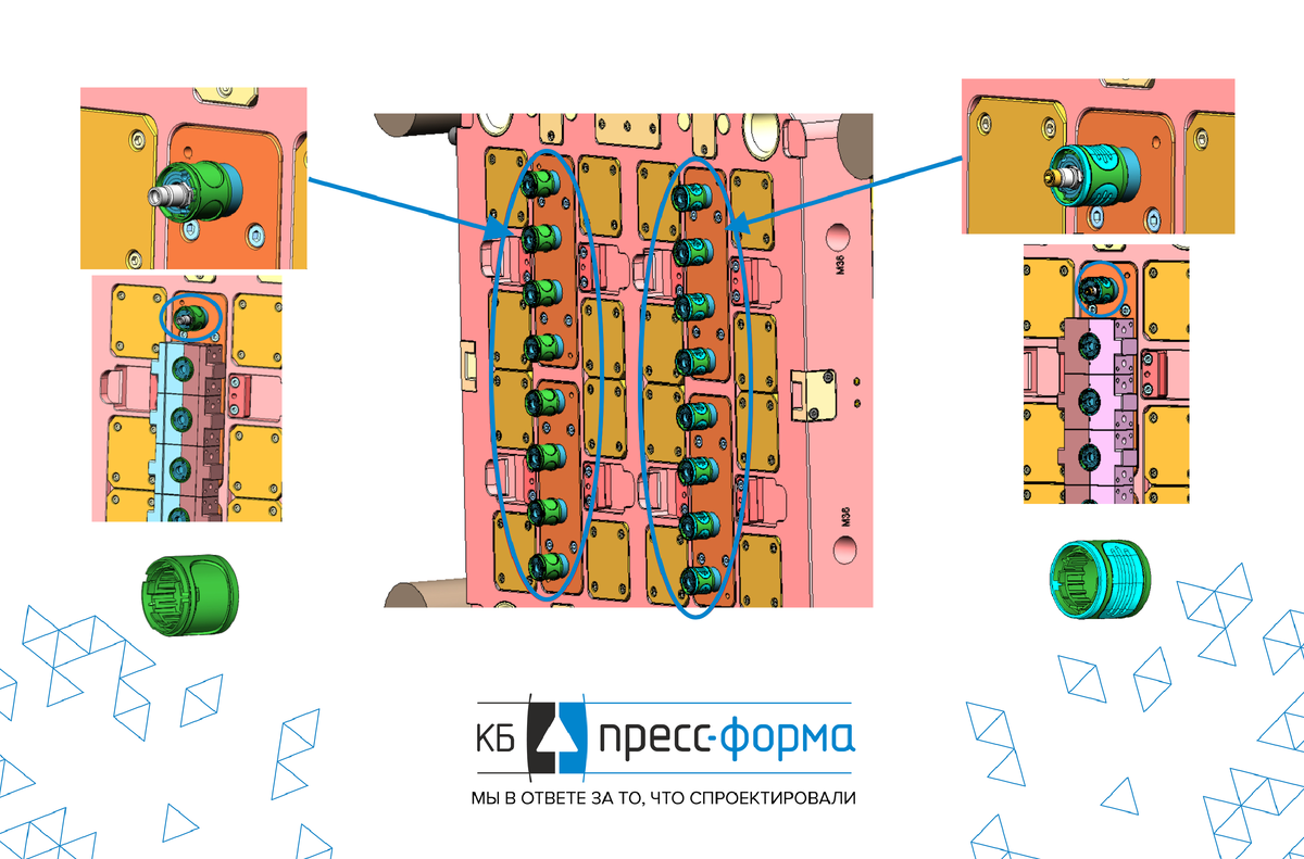 Вид на сторону пуансона пресс-формы для двухкомпонентного литья. Сначала заполняются первым материалом гнёзда слева, затем термопластавтомат поворачивает пресс-форму на 180 градусов и заполняет эти гнёзда уже вторым материалом.