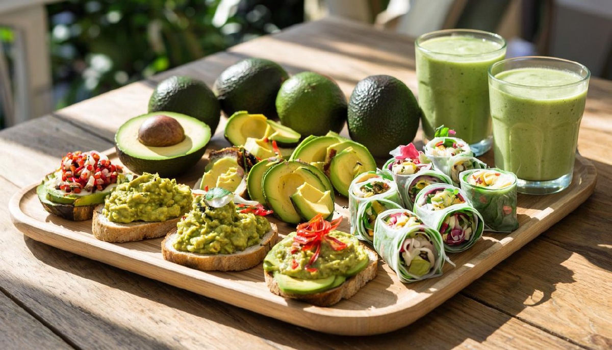 Срезанный авокадо с ярко-зелёной мякотью на деревянной доске, свежие дольки, тосты с авокадо, питальный смузи