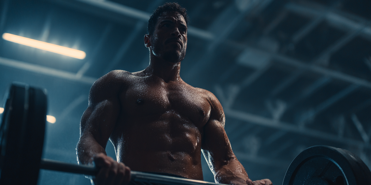 «Мужчина в спортзале качает мышцы, силовая тренировка, влияние кето диеты на рост мышечной массы»