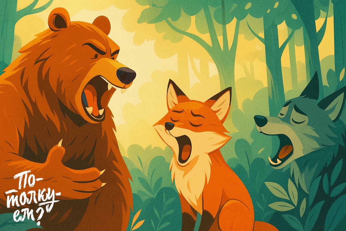 Медведь рассказывает, а лиса и волк зевают от скуки в лесу.
