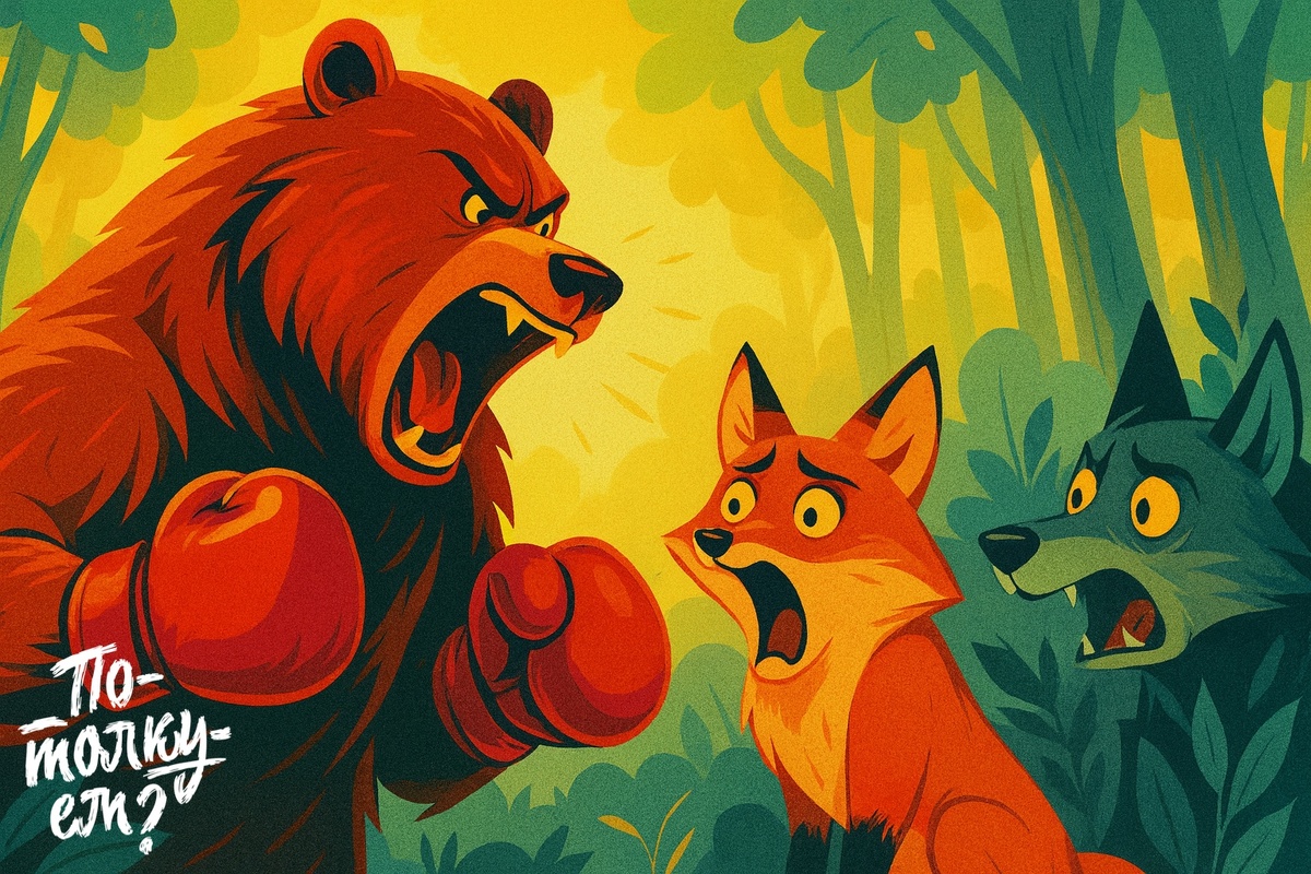 Медведь в перчатках орет на лису и волка, они испуганы.