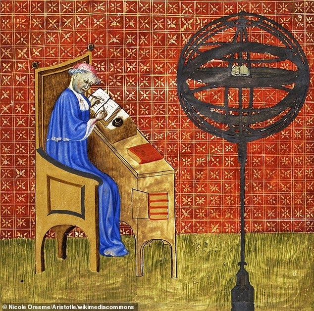 Николь Орем, занятый учёбой, с армиллярной сферой на переднем плане. «Трактат об искусстве», начало XV века.
