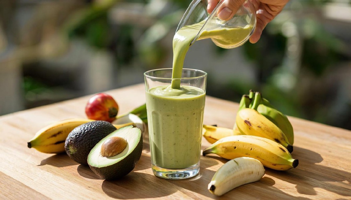 Смузи с авокадо и бананом в прозрачном стакане