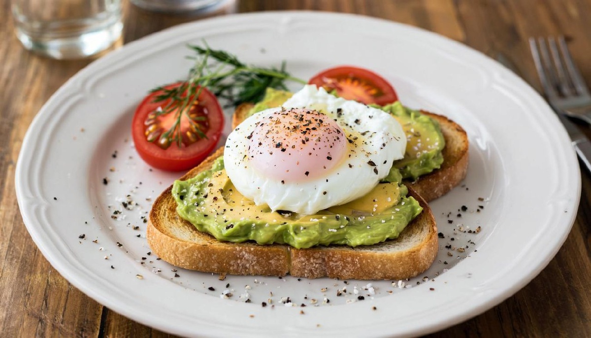 Тост с авокадо с яйцом-пашот, с зеленью и свежими томатами