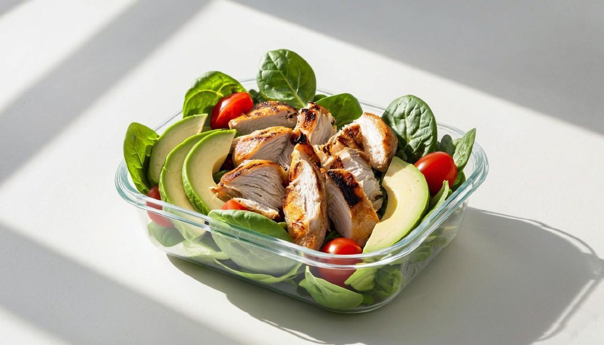 Контейнер с салатом: кусочки курицы, авокадо, шпинат и помидоры черри