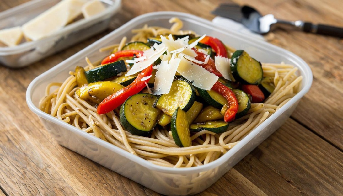 Контейнер с цельнозерновой пастой, яркие овощи — цукини и перец, сверху тёртый пармезан