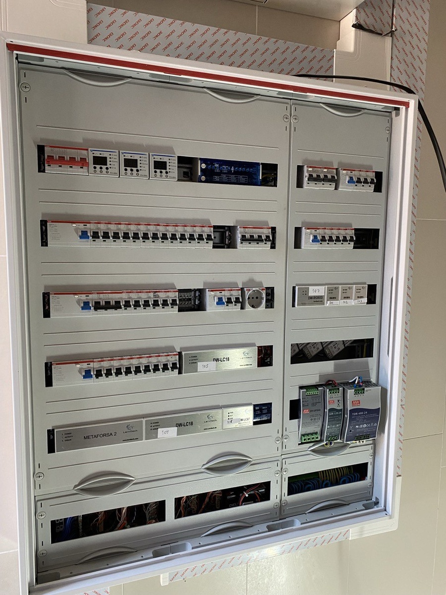 Один из блоков питания светодиодных лент в щите серии SDR. Наглядно видно что блоки не убираются под крышку пластрона