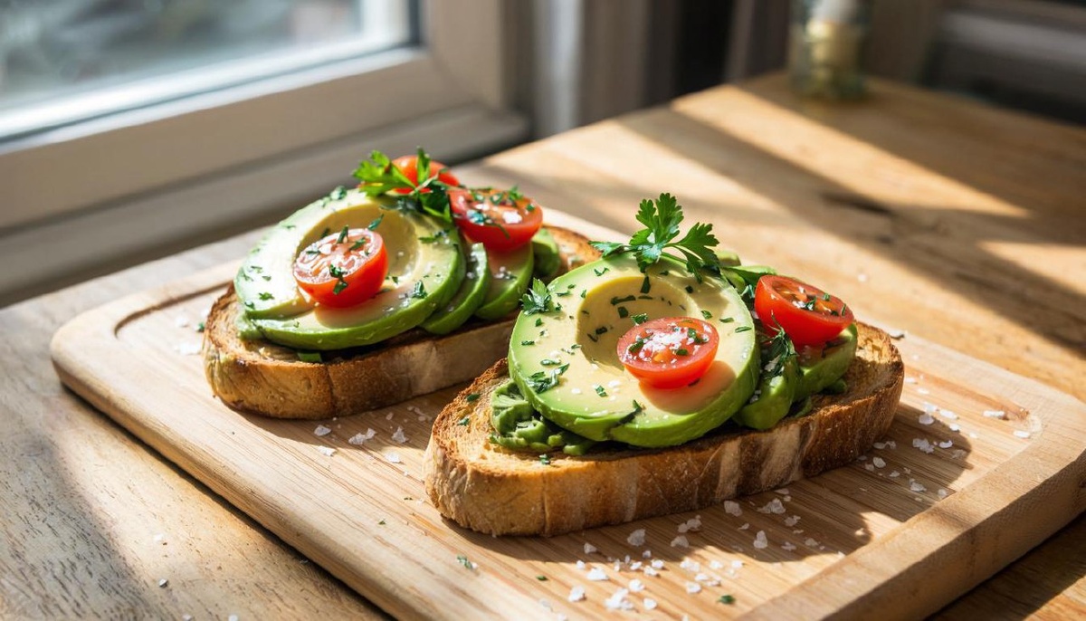 Цельнозерновой тост с авокадо, украшенный зеленью и помидорами чери