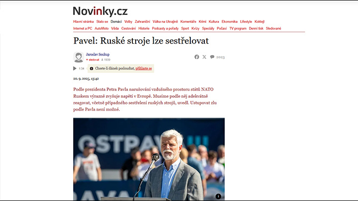    "Россия будет вести себя так, как мы бы ей позволили. Российские самолёты можно сбивать", - вещает Петр Павел. Скриншот: Novinky.cz