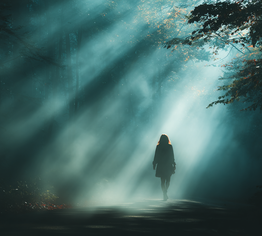 «Женщина идёт по туманному лесу, сквозь который пробиваются лучи света — метафора кето-гриппа и постепенного выхода к энергии и ясности после адаптации к кетодиете.»