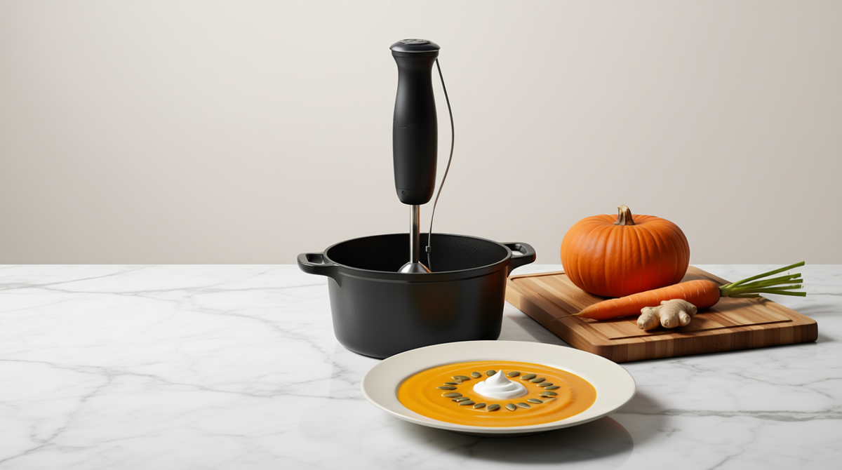 Секрет идеального тыквенного супа без уборки — погружной блендер и высокая кастрюля. Все ингредиенты тушатся и превращаются в нежный крем-суп в одной емкости. Половник — и можно подавать!