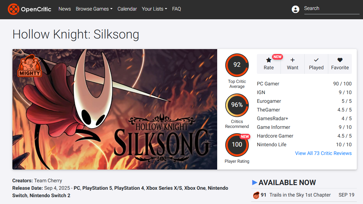 Оценки игры на opencritic.com 