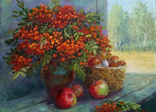 Натюрморт с рябиной. Фото картины взято из открытых источников.