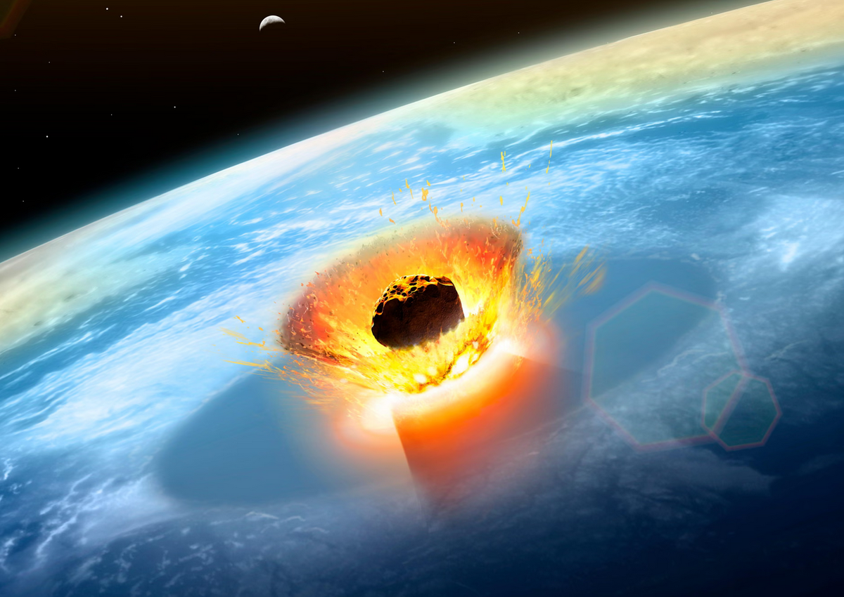 Иллюстрация столкновения крупного астероида с Землёй. Кратер Силверпит имеет ширину около 3 км, а зона разрушений вокруг него — 19 км. Фотография: Научная фотобиблиотека/Alamy