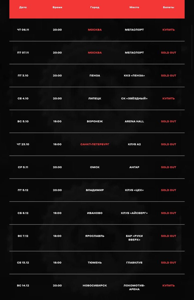 График гастролей Вани Дмитриенко и почти везде SOLD OUT