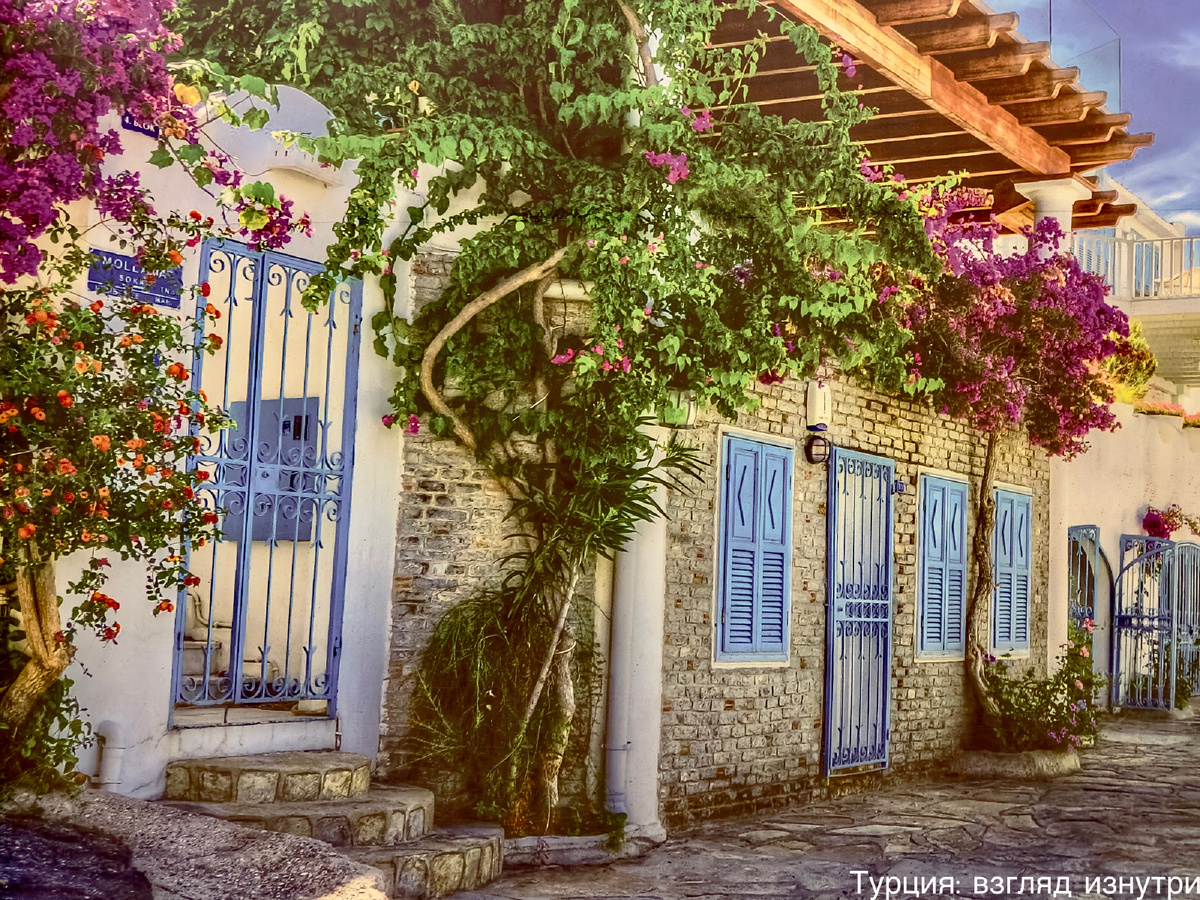 Визитная карточка Алачаты: каменные дома с синими ставнями, узкие улочки и бугенвиллии.