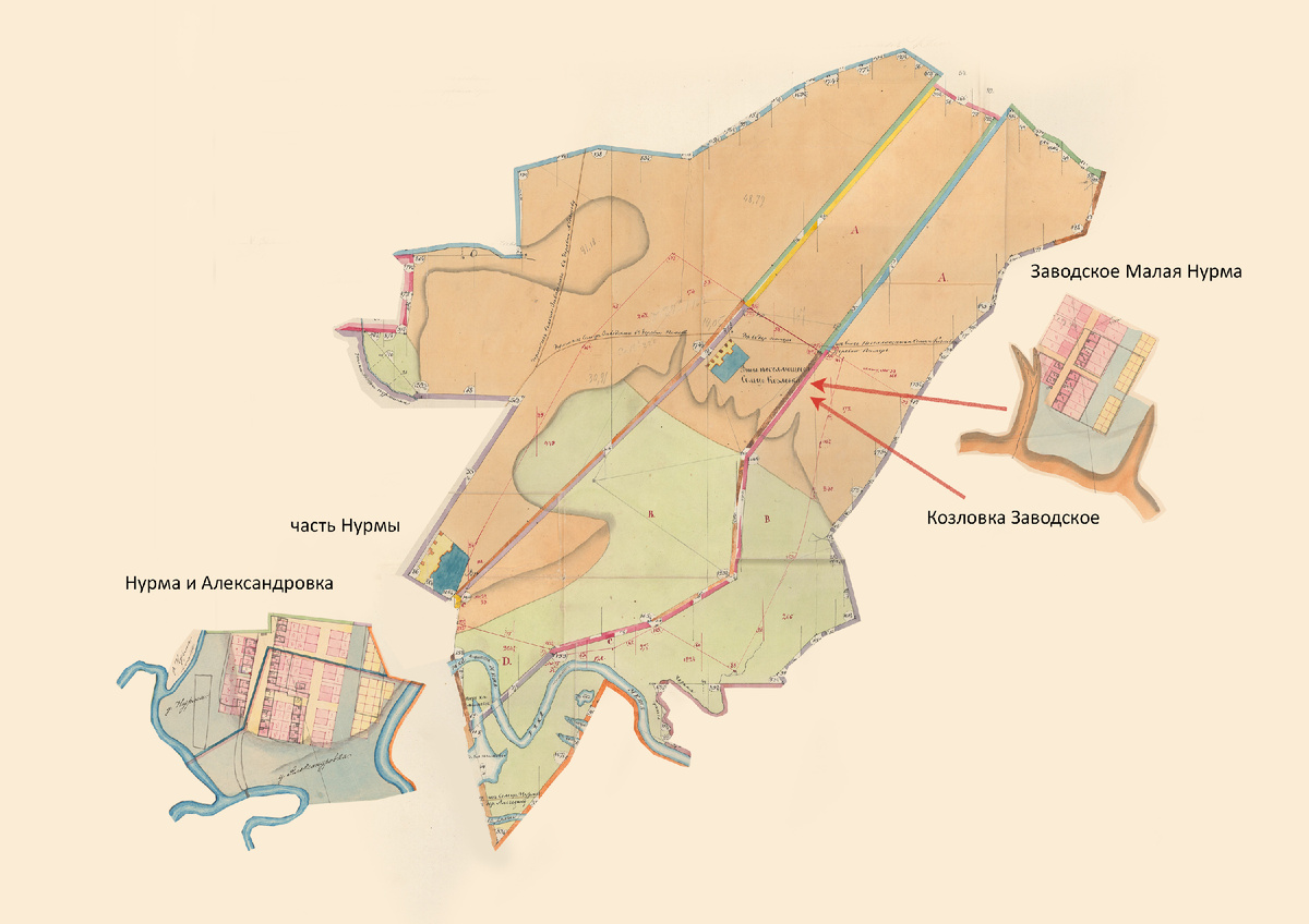 Коллаж карт планов дач и домохозяйств Нурмы, Александровки, Малой Нурмы Заводского и Козловки.