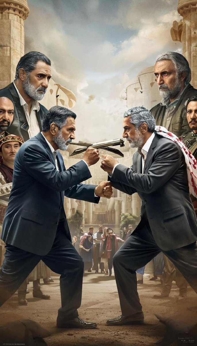 Запрос:
Создай фотографию отношений Израиля и Палестины и укажи обязательно на фото их глав в боевой стойке на фоне действующих военных действий.