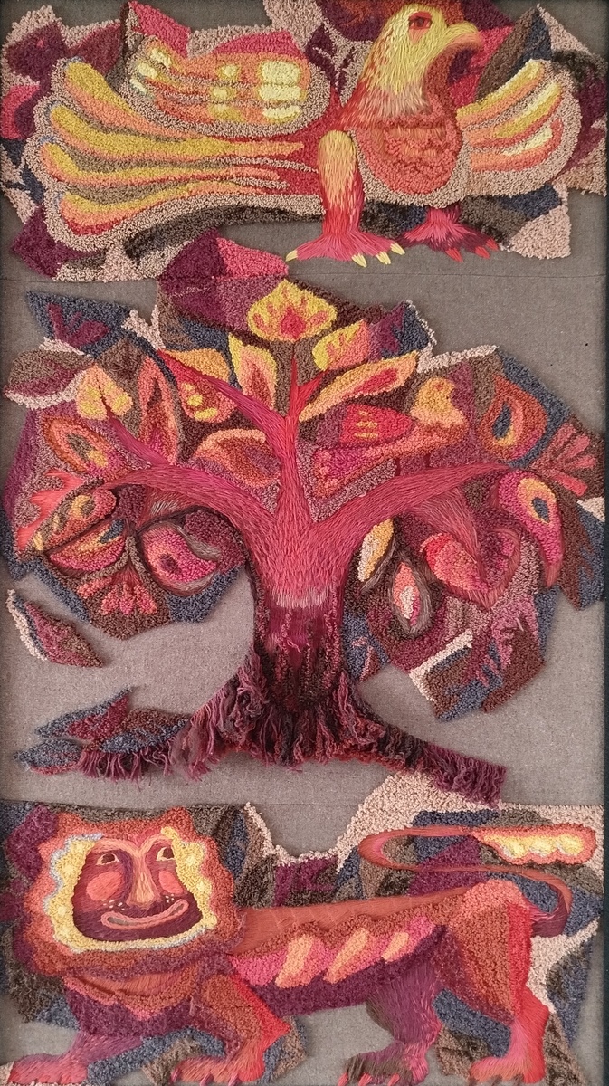 Легенда. 1995. Шерсть, нитки, 96х65. Ручная вышивка, нетканный гобелен.