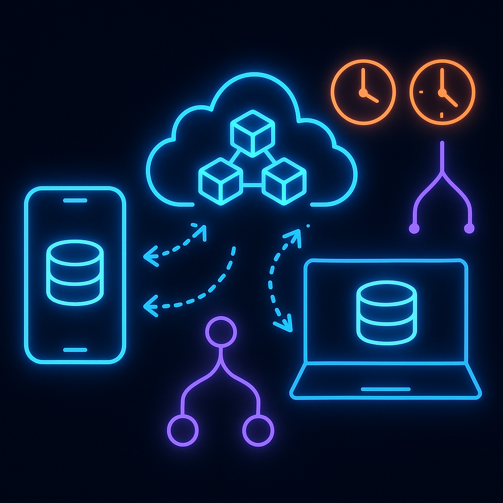 Краткое описание: неоновая схема «local-first» — телефон и ноутбук с локальными БД синхронизируются через облако; рядом часы намекают на HLC, а ветвящиеся и сливающиеся линии — на CRDT и разрешение конфликтов.