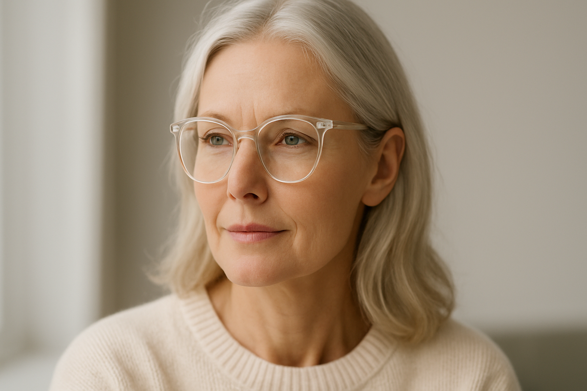 Портрет блондинки/женщины с сединой в прозрачной кристаллической оправе, молочный свитер, свет у окна, нейтральный фон, горизонтальный кадр