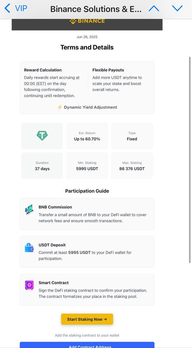 Письмо с Бинанса с кликабельными ссылками на заключение контракта и привязкой кошелька
