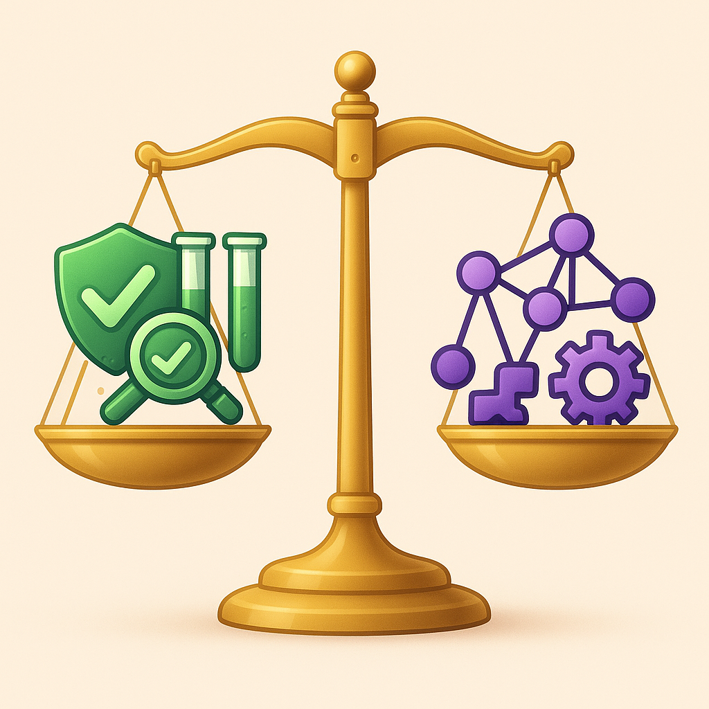 Краткое описание: весы — слева тяжёлая чаша с «тестовыми» иконками (щит с галочкой, лупа, пробирки), справа — лёгкая чаша с графом/пазлом (DSA). Визуальная метафора: повседневное тестирование перевешивает зубрёжку алгоритмов.