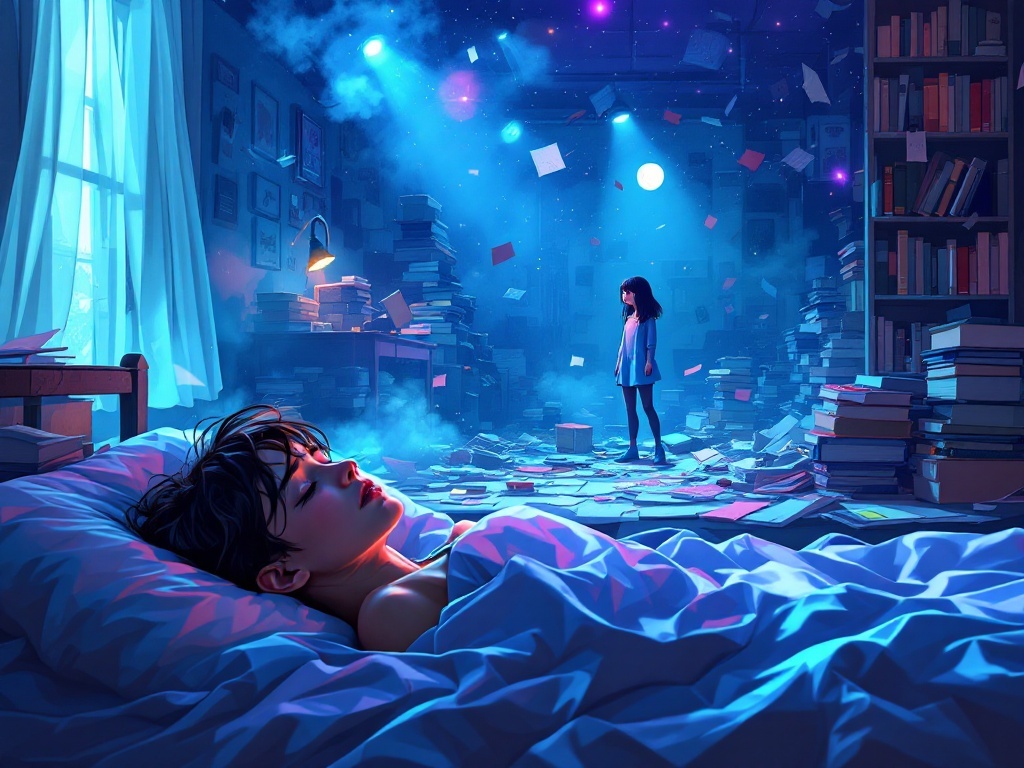    К чему такое снится: На картине изображена грязная комната. В углу комнаты стоит плачущая девушка окружённая стопками книг и бумаг. В центре комнаты стоит возвращающаяся девушка, удивлён