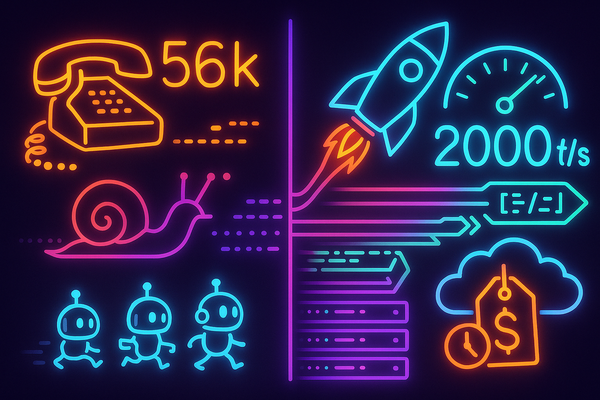 Краткое описание: неоновая «до/после» сцена — слева ретро-телефон и улитка (dialup, 56k), справа ракета, шкала «2000 t/s», параллельные конвейеры кода и облако с ценником и часами — быстрые агенты, параллелизм и новые ценовые модели.