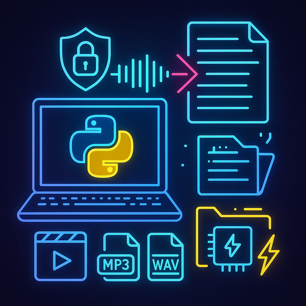Краткое описание: неоновая сцена локальной транскрипции — ноутбук с Python, звуковая волна превращается в лист с текстом; вокруг иконки MP3/WAV, папка FFM/процессор для FFmpeg/Whisper, щит-замок для приватности и карточка «SRT» для субтитров.