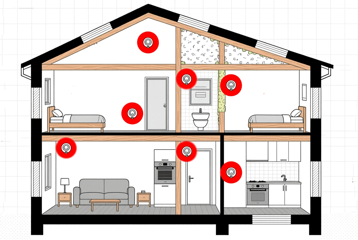    Датчики дыма должны быть в каждом помещении.
