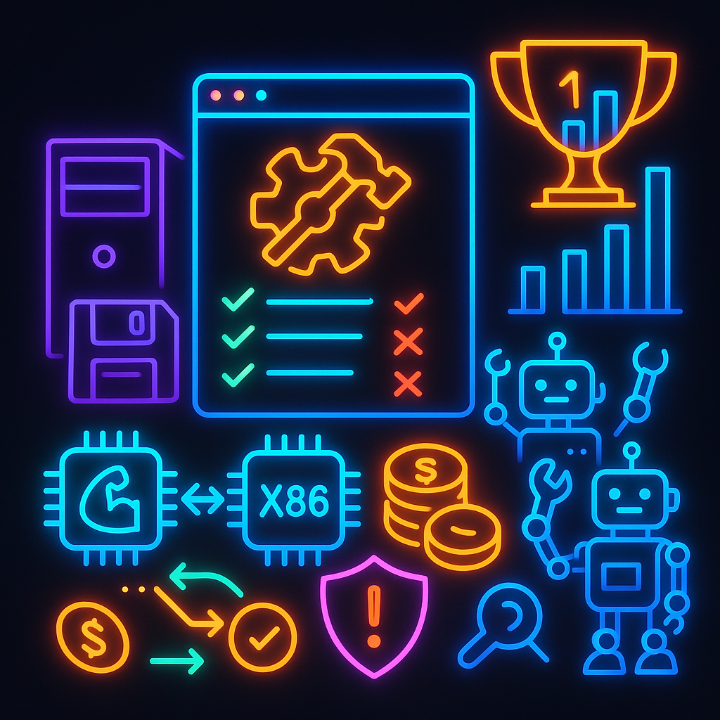 Краткое описание: неоновая иллюстрация бенчмарка компиляции ИИ — старый ПК и дискеты (наследие), окно сборки с галочками/крестами, трофей и график (рейтинги), два чипа с двусторонними стрелками (кросскомпиляция), монеты (стоимость) и щит-лупа (выявление «обманов»).
