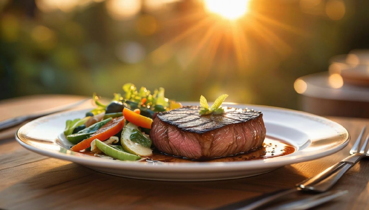 Сочный стейк на тарелке, гарнир из свежих овощей