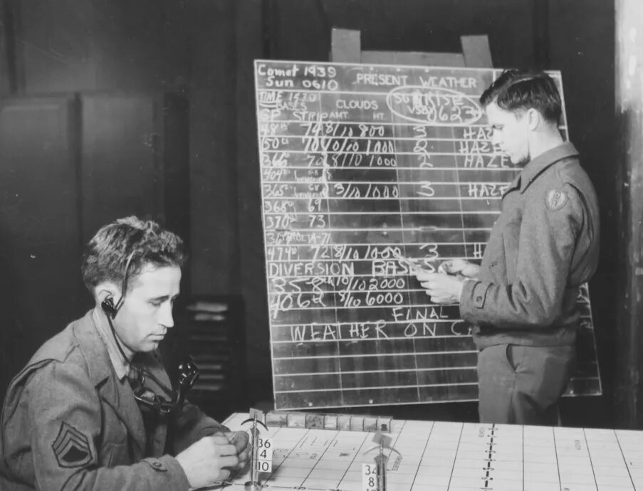 Двое сержантов армии США заносят метеорологические сводки на классную доску.
Фото: Национальное управление архивов и документации США (National Archives and Records Administration).