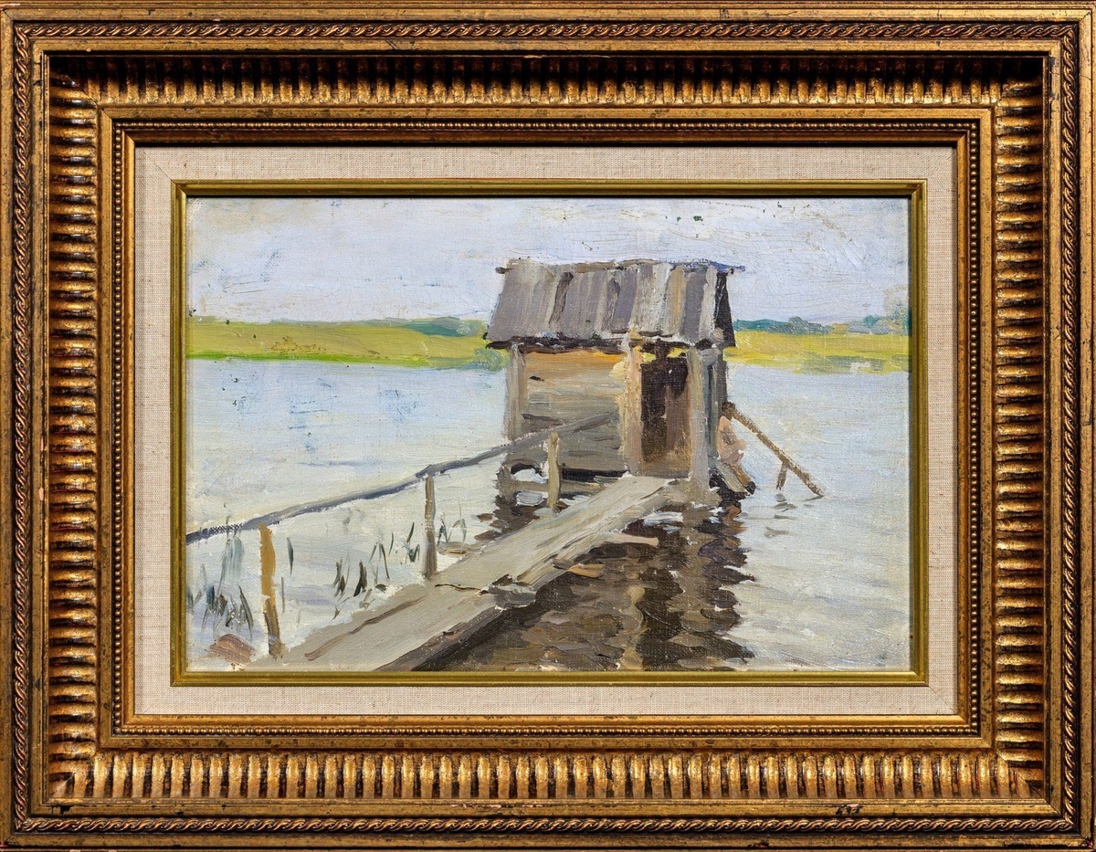 Паводок, первая четверть ХХ в., материалы: холст  на картоне, масло, размеры: 21 х31,5 см. Источник:  https://artistic-auction.ru