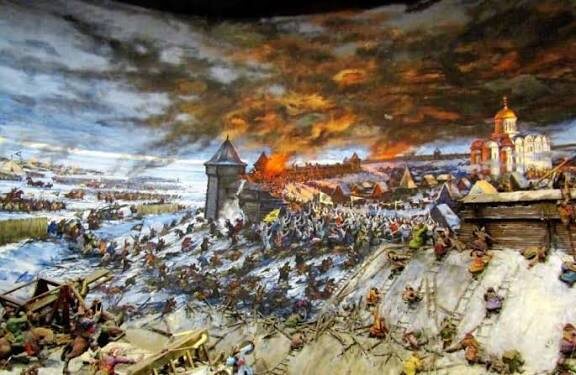 Художественная сцена штурма древнерусского города монгольским войском