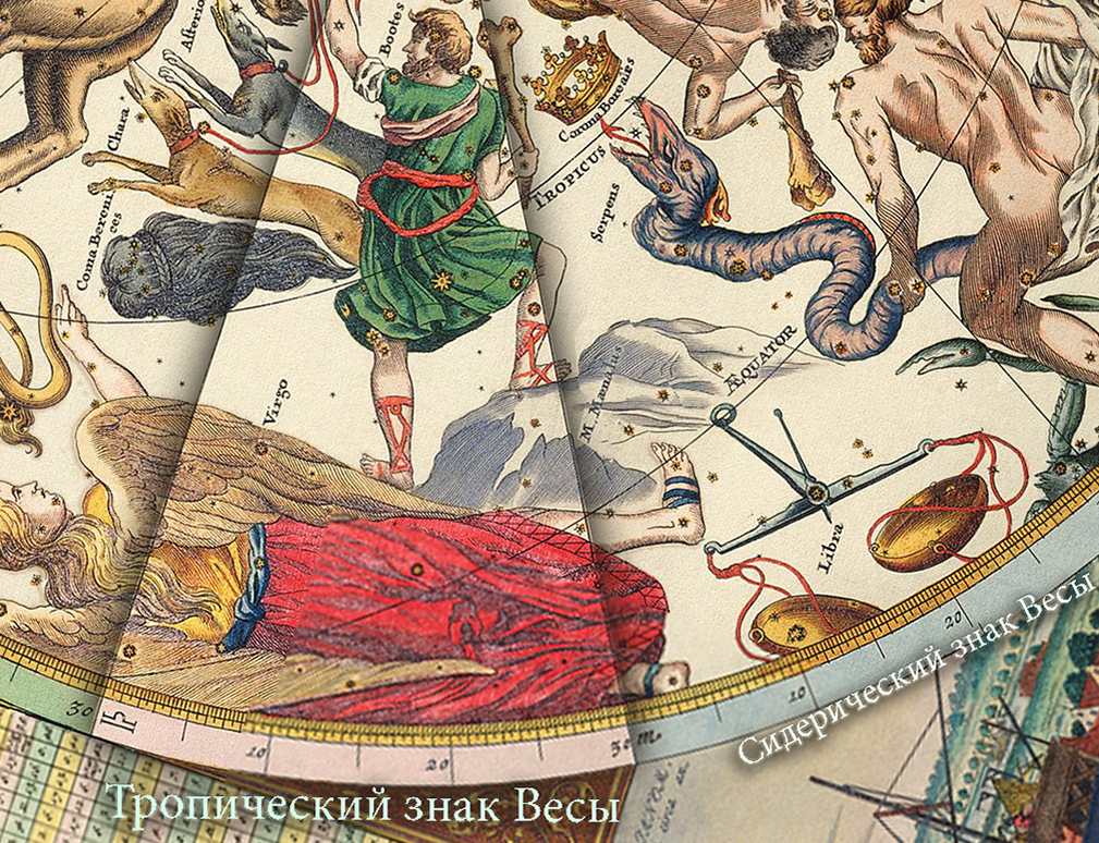 Знак Весы в Тропическом Зодиаке, который отсчитывается от Весеннего равноденсвтвия (с 21 марта - ноль Овна) и Сидерическое созвездие Весы - поправка Лахири (тоесть разница) на период осени 2025 года, с Тропическим Зодиаком составляет + 24°12'59'' (прибл. с 13-14 апреля в зависимости от високосного года)