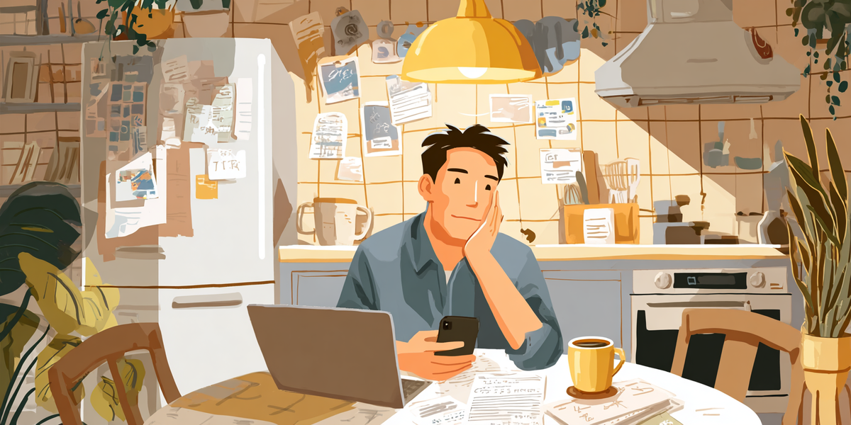 Мужчина вечером сидит на кухне за ноутбуком и смартфоном, рядом чашка кофе и бумаги с китайскими иероглифами. На холодильнике и стенах висят заметки и стикеры. Атмосфера уюта и концентрации, иллюстрация к теме «как учить китайский язык, если нет времени каждый день».