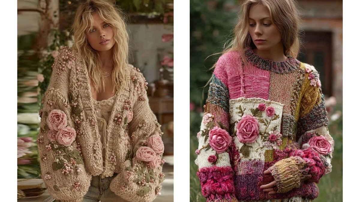 Трикотажные свитера с объемными вышитыми цветочными аппликациями