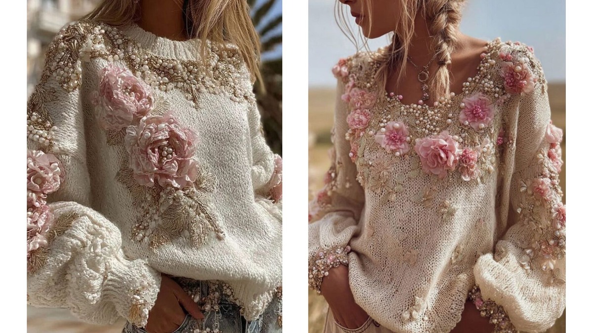 Трикотажные свитера с объемными вышитыми цветочными аппликациями