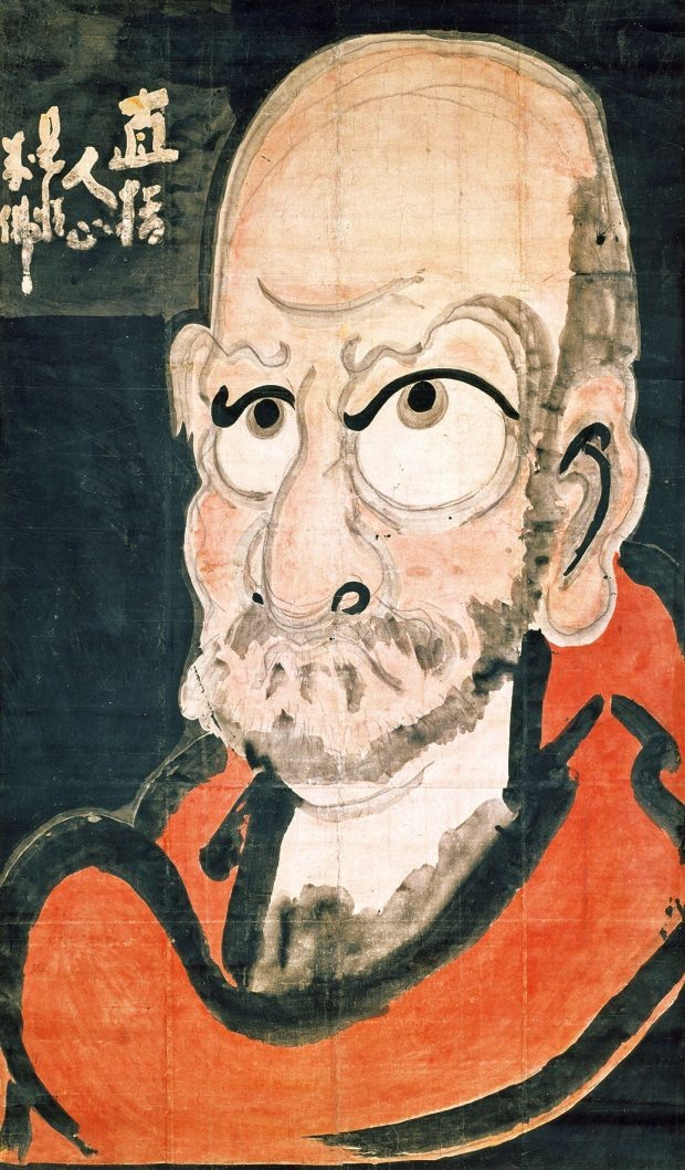 Хакуин Экаку 白隠慧鶴. «Изображение Дарумы»(達磨図), Цветная живопись на бумаге, вертикальный свиток, 192 × 112 см. Хранится в храме Манжудзи (эпоха Эдо, XVIII век)