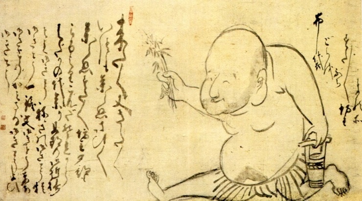 Монах Хотэй, смеясь, машет цветком 布袋和尚、笑って花を振る.  У Хакуина даже цветок — это молоток. Хотэй машет им — и ты смеёшься. А потом понимаешь, что это был удар. Просветление не гладит по голове. Оно бьёт. Иногда — цветком.